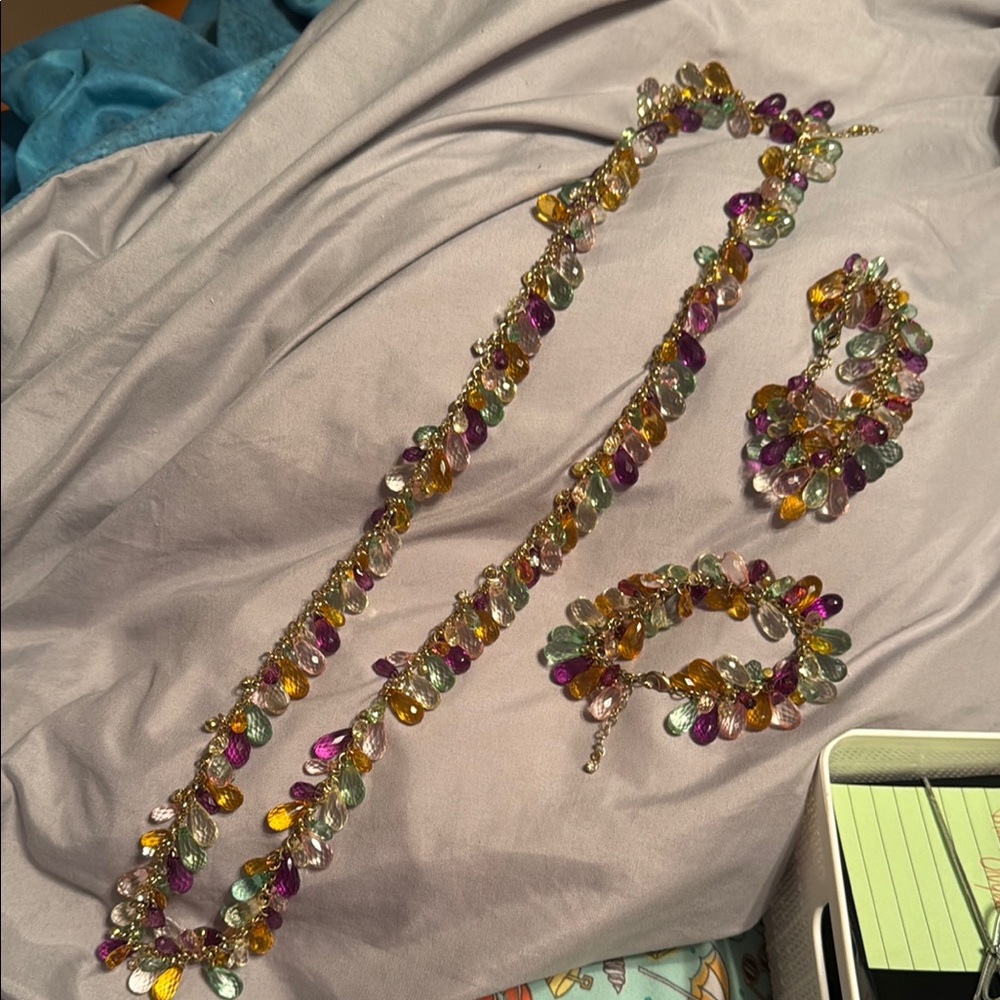 Purple and Yellow Victorian-Inspired Necklace 36” & 2 bracelets & earrings.